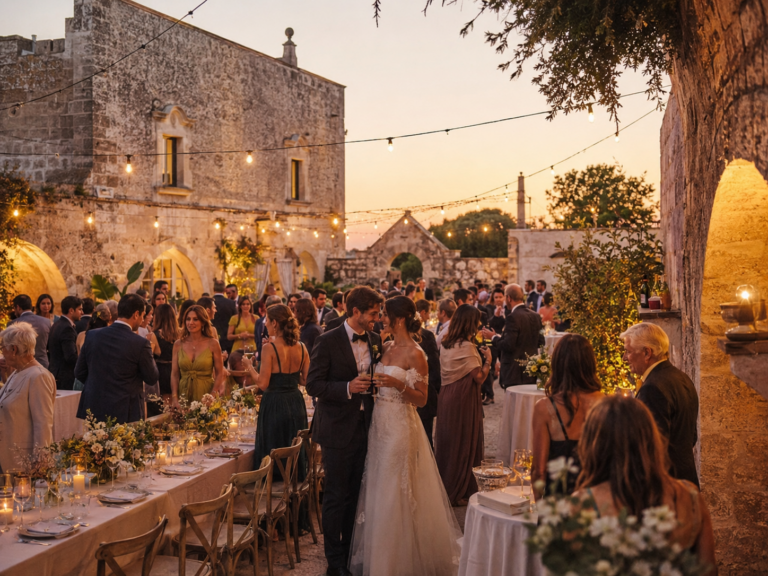 Matrimonio in masseria pugliese al tramonto con ospiti durante il ricevimento